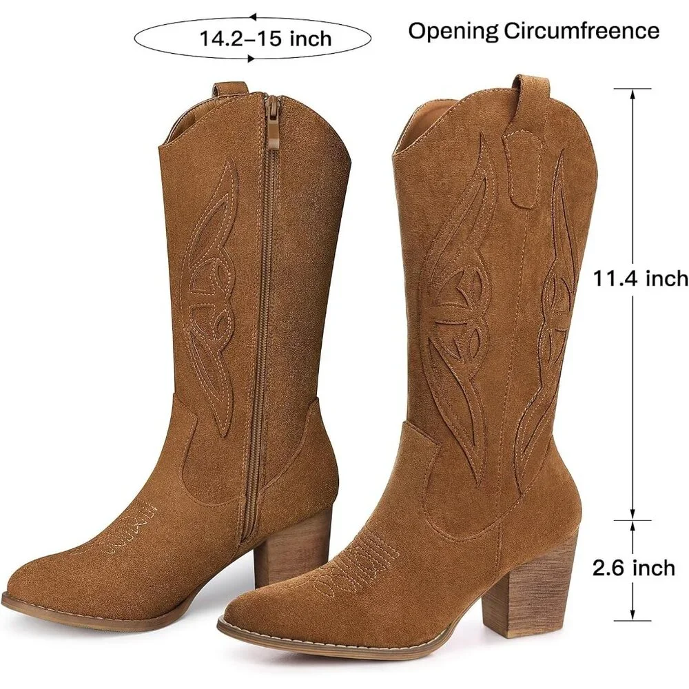 ⚡Women's Camel Mid Calf Cowgirl Boots Western Embroidered Country High Heel - Picture 4 of 6